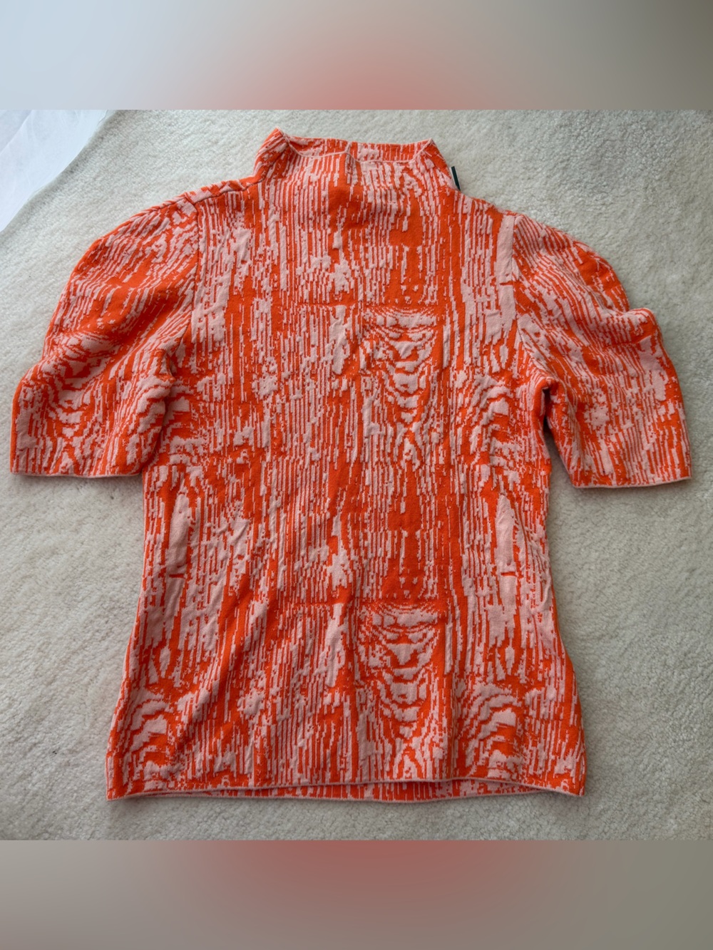 Maeve Anthropologie Orange and Cream Textured Short-Sleeve Knit Turtleneck Top